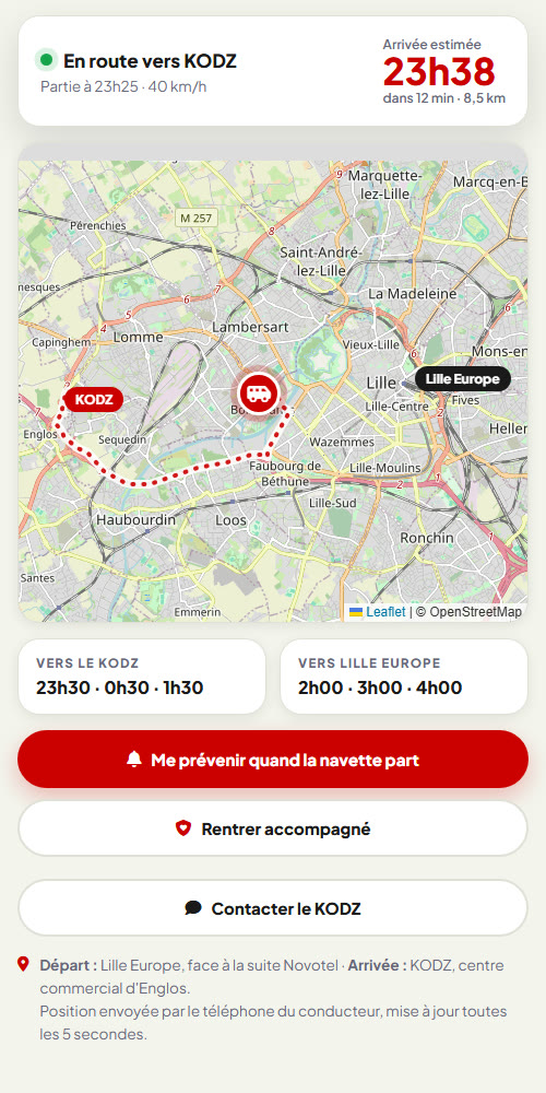 La page Navette KODZ en direct : carte, arrivée estimée et prochains départs