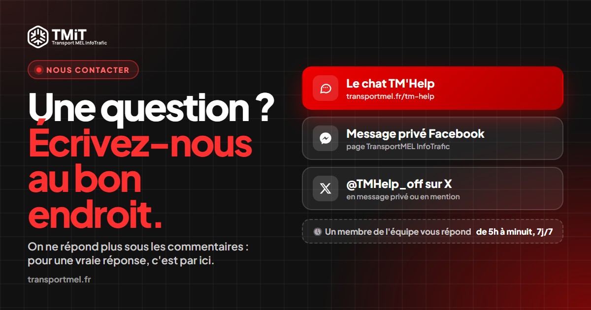 Pour nous contacter : le chat TM'Help sur transportmel.fr/tm-help, un message privé sur la page Facebook, ou @TMHelp_off sur X. Un membre de l'équipe répond de 5h à minuit, 7j/7.