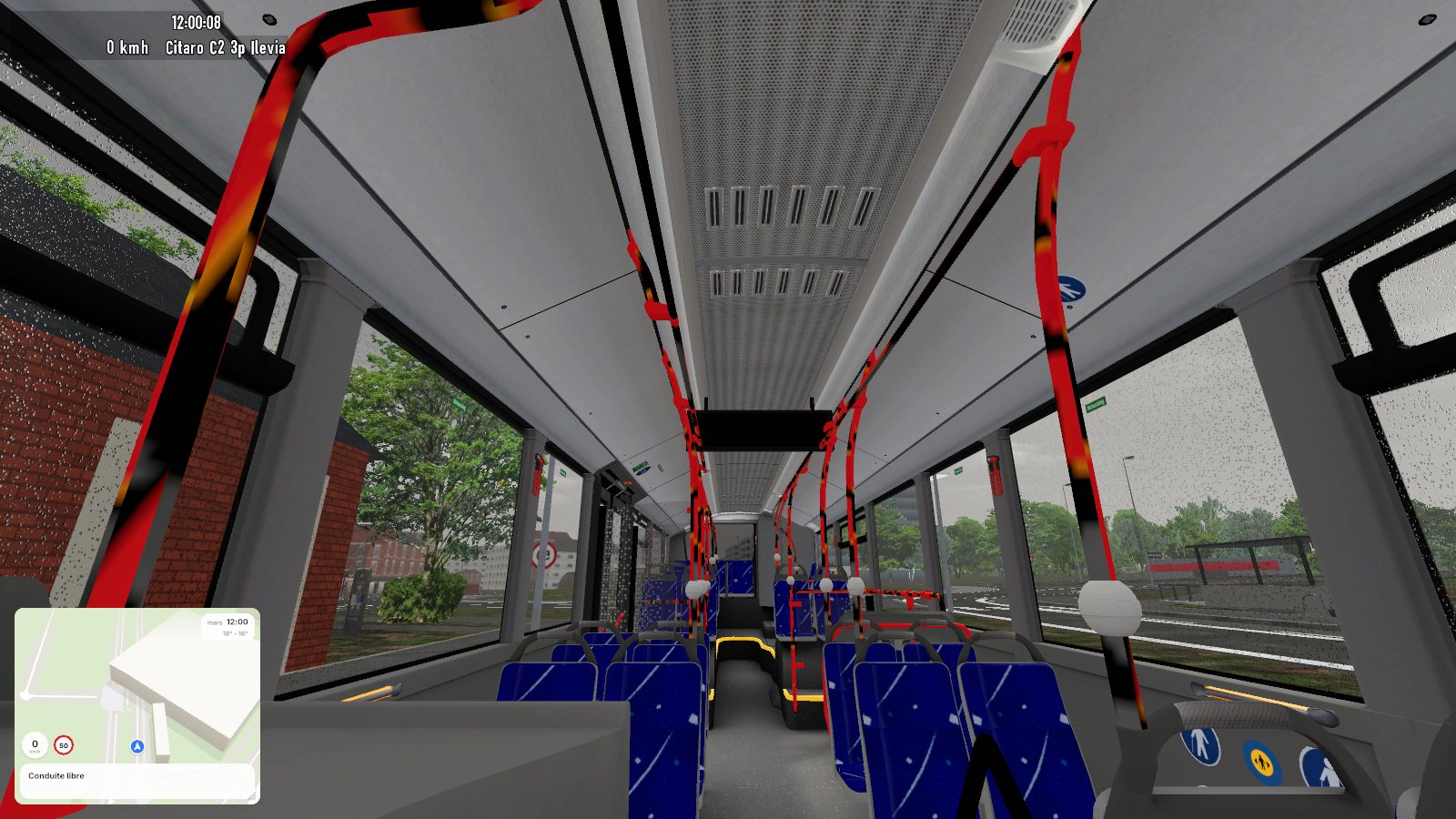 L'intérieur d'un Citaro Ilévia, sièges bleus et barres rouges
