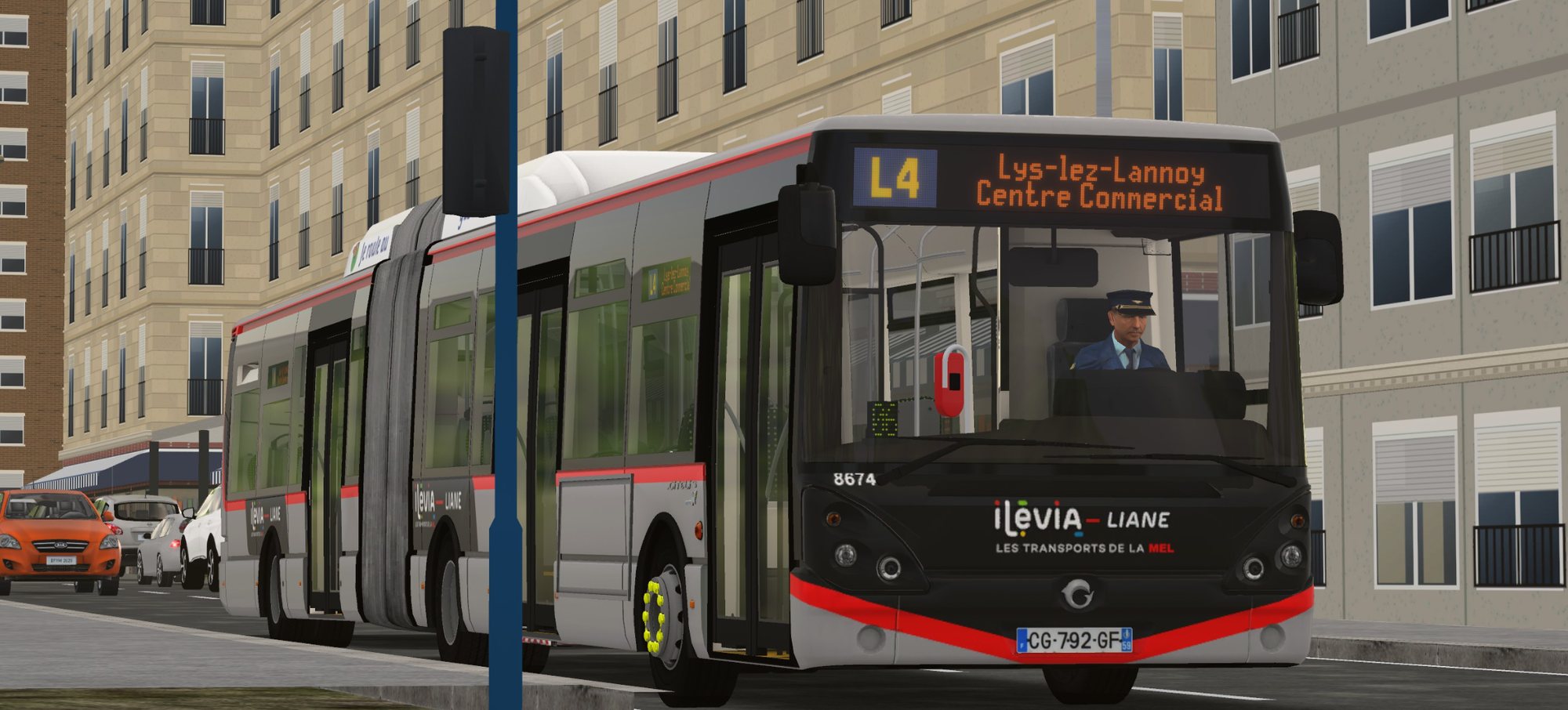 Bus articulé Liane à un arrêt, girouette L4 Lys-lez-Lannoy Centre Commercial