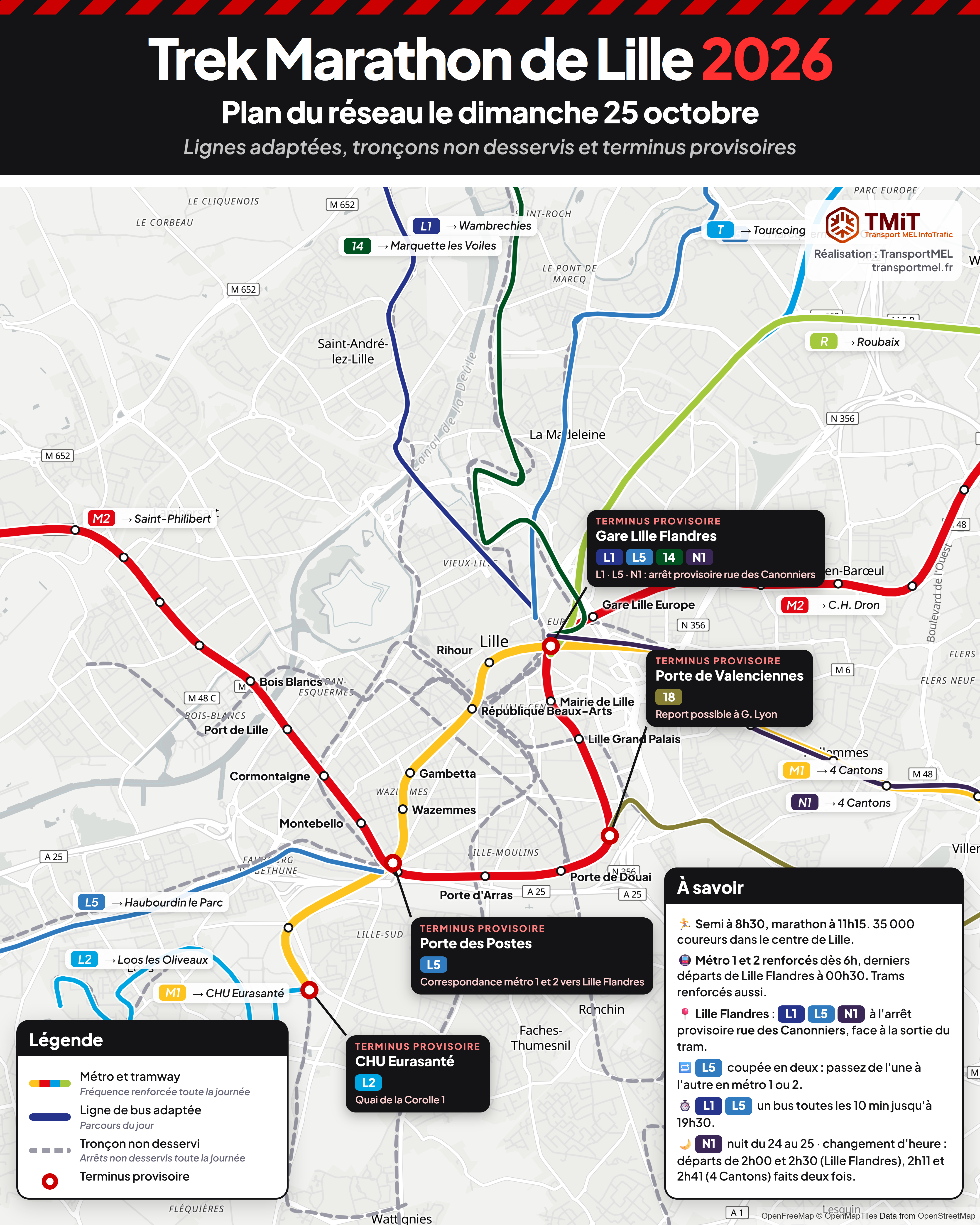 Plan du réseau Ilévia le jour du Trek Marathon de Lille, 25 octobre 2026
