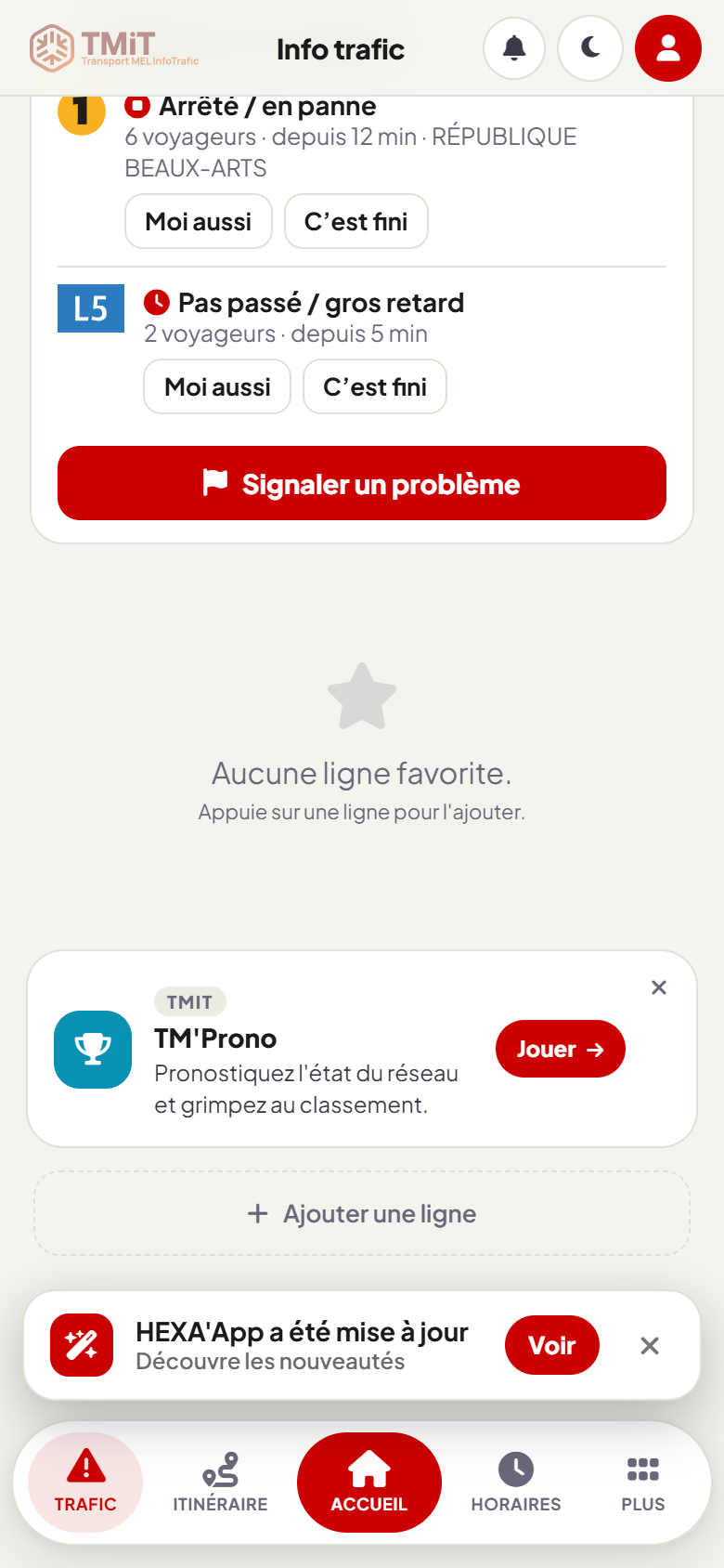 L'encadré Signalé par les voyageurs dans l'Info trafic de HEXA'App