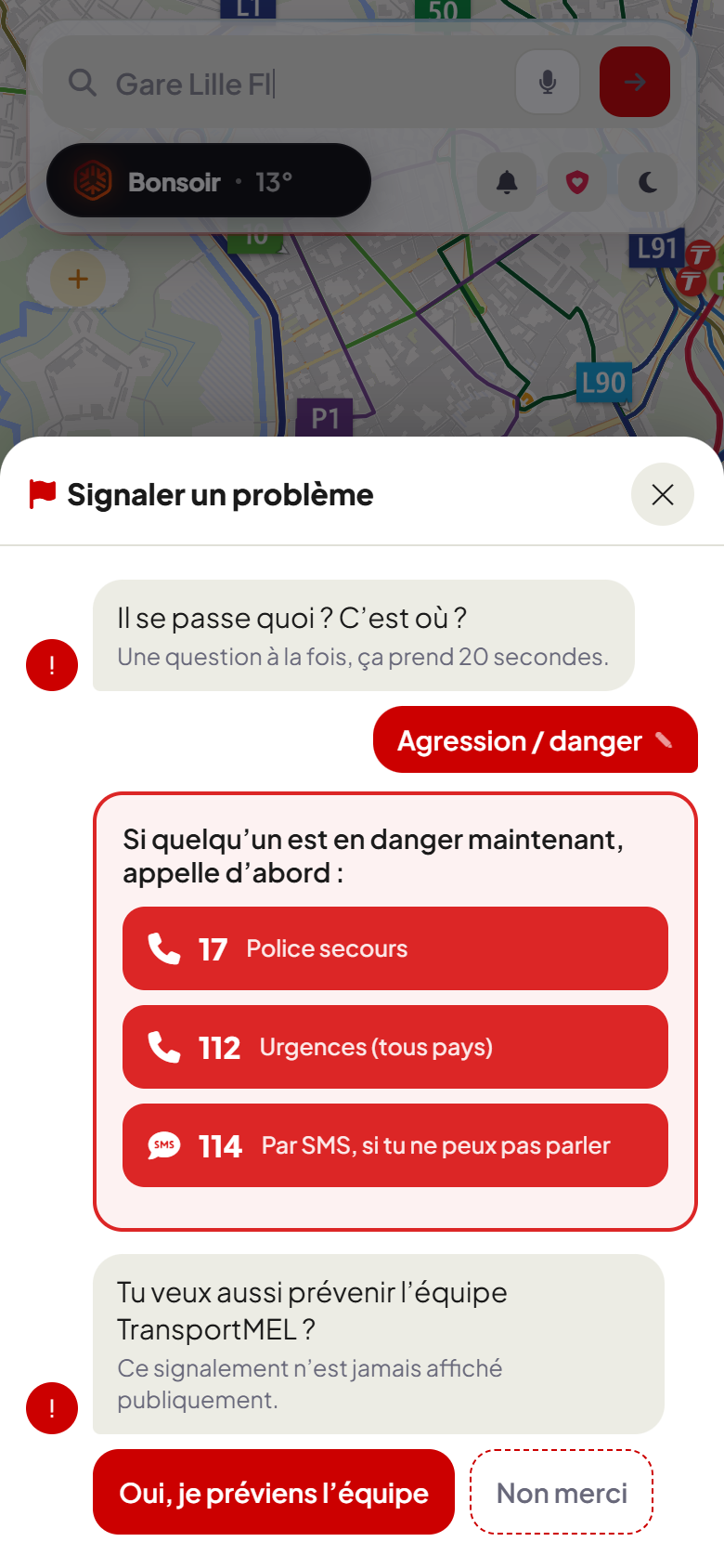 L'écran Agression ou danger avec les numéros 17, 112 et 114