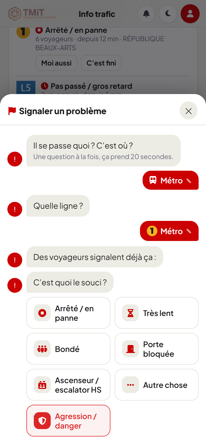 Le parcours de signalement dans HEXA'App : choix de la ligne puis du problème