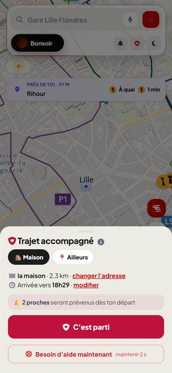 Écran de départ du Trajet accompagné : destination Maison, heure d'arrivée, bouton C'est parti