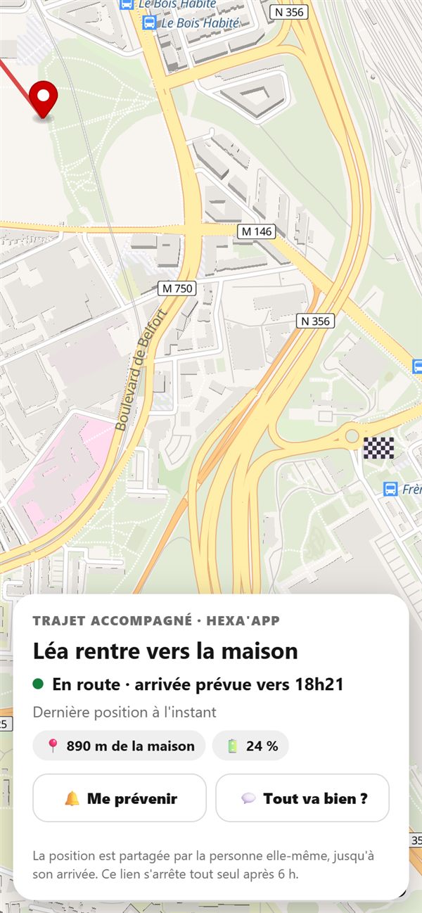 Page vue par le proche : carte avec la position, distance restante, batterie, boutons Me prévenir et Tout va bien