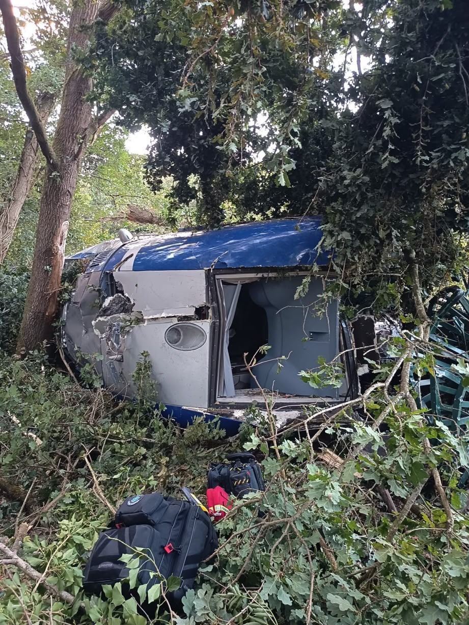 Wagon du TER encastré dans les arbres après le déraillement à Cléon